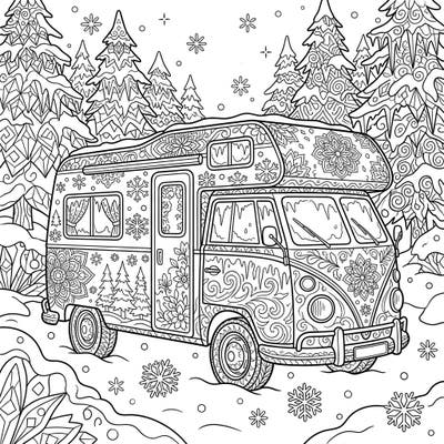 Escape to a serene winter scene with this beautifully detailed adult coloring page featuring a charming camper bus. Perfect for mindful relaxation, this intricate design brings the joy of cold-weather travel to your fingertips.