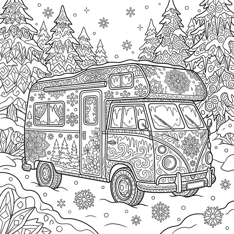 Escape to a serene winter scene with this beautifully detailed adult coloring page featuring a charming camper bus. Perfect for mindful relaxation, this intricate design brings the joy of cold-weather travel to your fingertips.