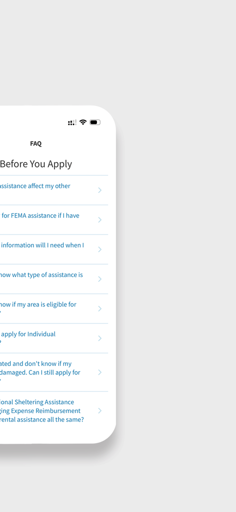 FEMA app FAQ section showing information about applying for disaster recovery assistance.