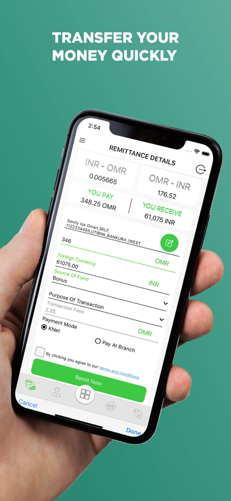 Modern Exchange - Oman - Modern Exchange Oman mobile app interface showing remittance details and OMR to INR currency exchange rates