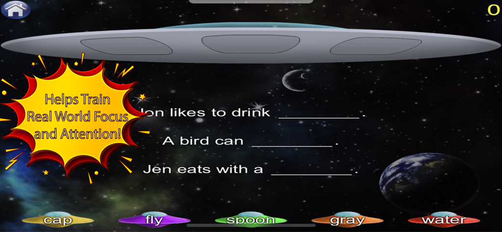 Space themed reading game for kids featuring sentence completion and word matching exercises.