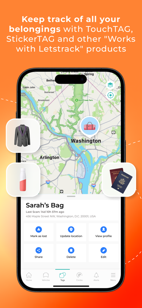 Letstrack - Family App - Letstrack app interface displaying a map with tracked personal items like bags and passports using TouchTAG technology