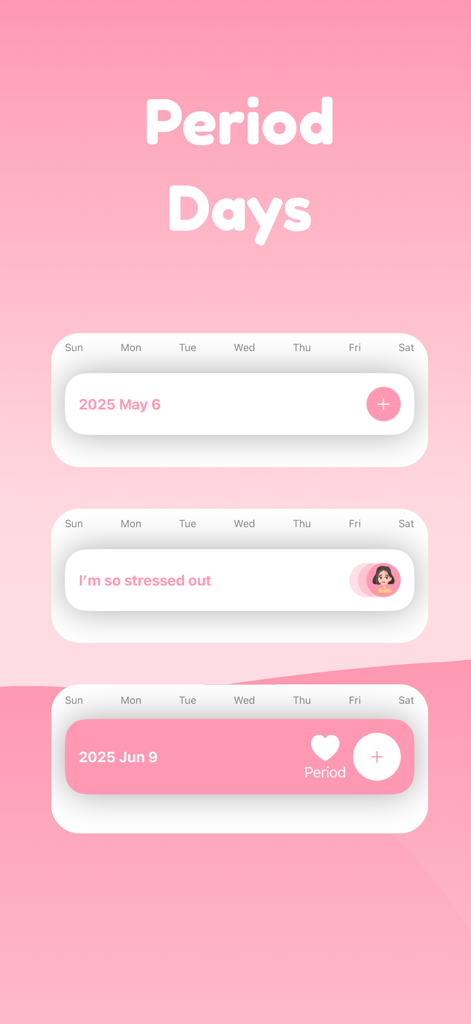Period tracker - roony - Una interfaz rosa para la aplicación de rastreo de período Roony que muestra un calendario de ciclos menstruales y registros de estado de ánimo.