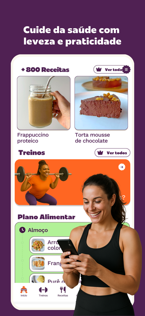 Superela: Exercícios, Receitas - Superela app dashboard featuring protein recipes and workout plans for women