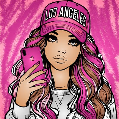 realistic beautiful girl wearing los ángeles cap holding an iphone
