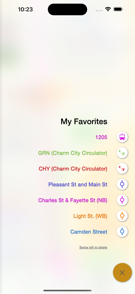 Passio GO - My Favorites screen in the Passio GO app showing a list of saved transit routes and bus stops