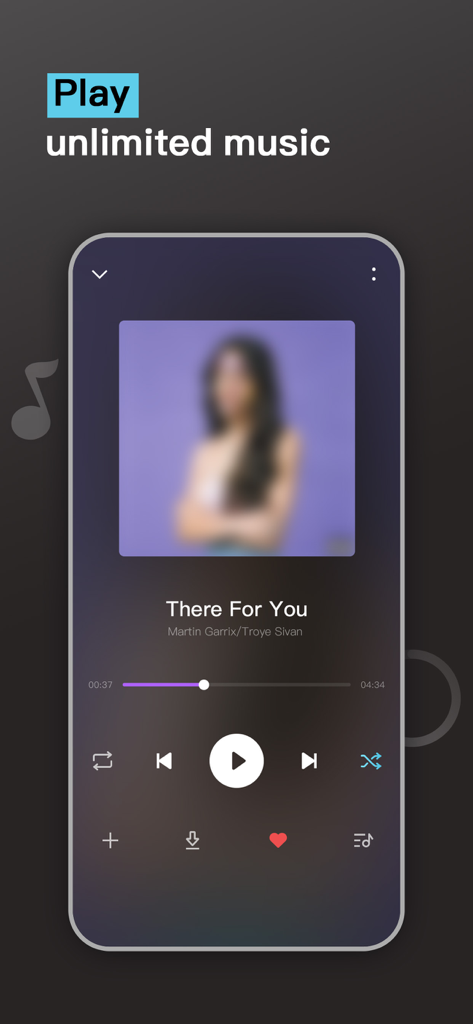 MusicBox - Music&Video Player - Pantalla del reproductor de música que muestra controles de reproducción y la canción There For You de Martin Garrix
