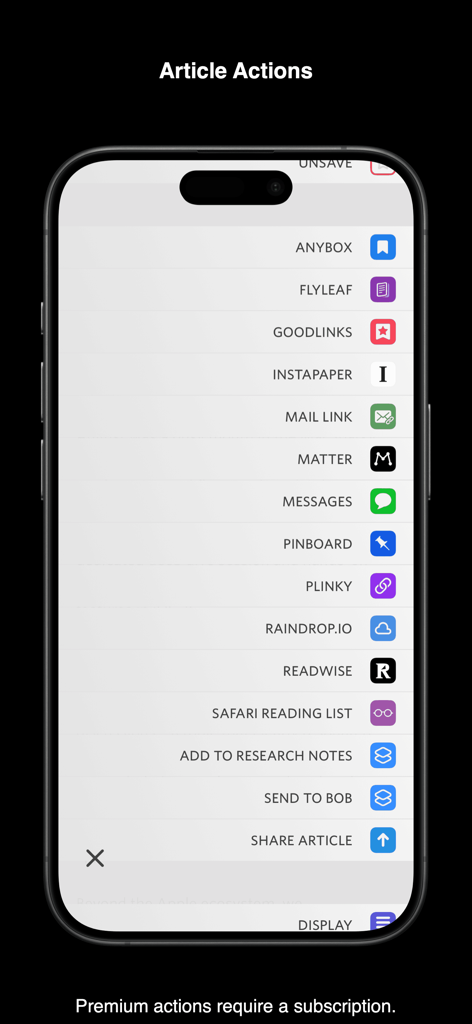 A list of article actions and third-party integrations in the Unread RSS Reader app on an iPhone