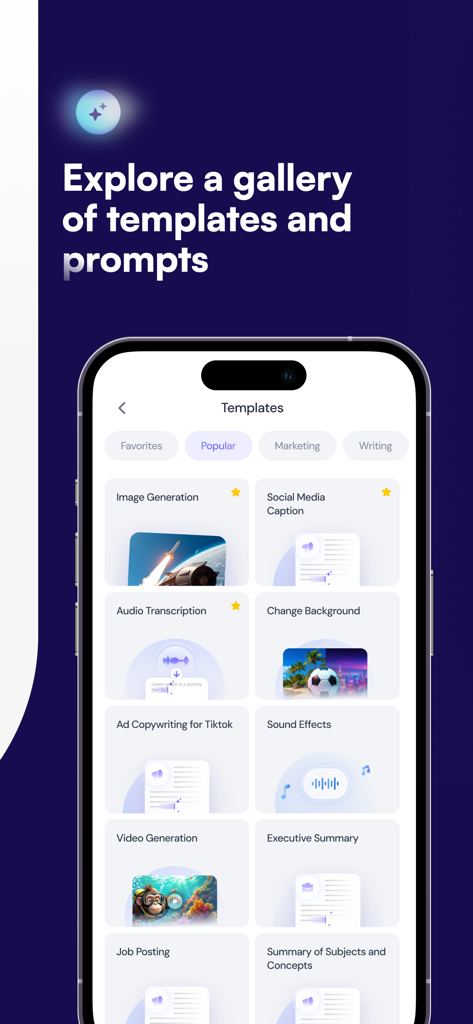 A gallery of AI templates and expert prompts for content creation and productivity in the Inner AI app