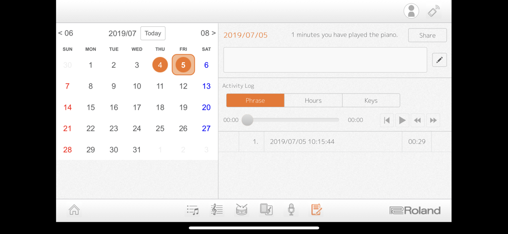 A calendar and activity log in the Piano Partner 2 app showing daily practice time and recordings.