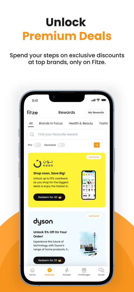 Écran des récompenses de l'application Fitze montrant des réductions exclusives de marques comme Dyson et Noon débloquées avec des pas de marche
