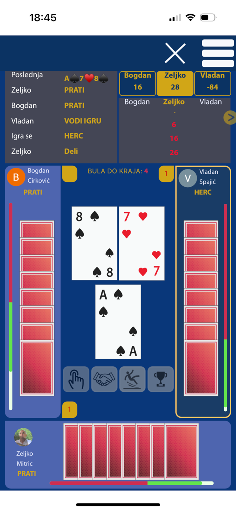 Mobile gameplay screen of Ultimate Preferans card game showing an active match between three players with a digital table and scores.