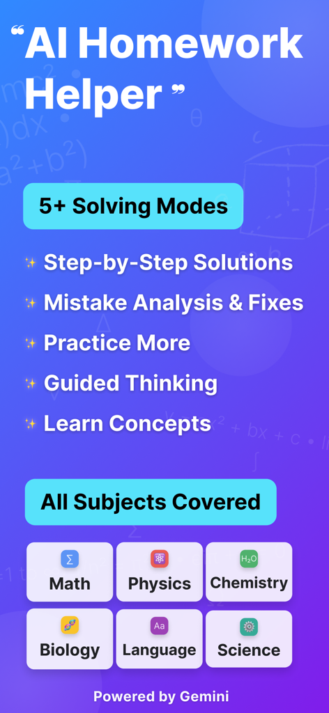 Solvify: AI Homework Helper - Solvify AI Homework Helper app screen displaying solving modes and covered subjects like Math Physics and Chemistry.