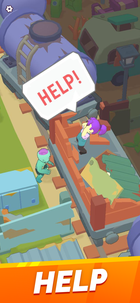 Un personaje pidiendo ayuda con un zombi acercándose en Last Stronghold Idle Survival