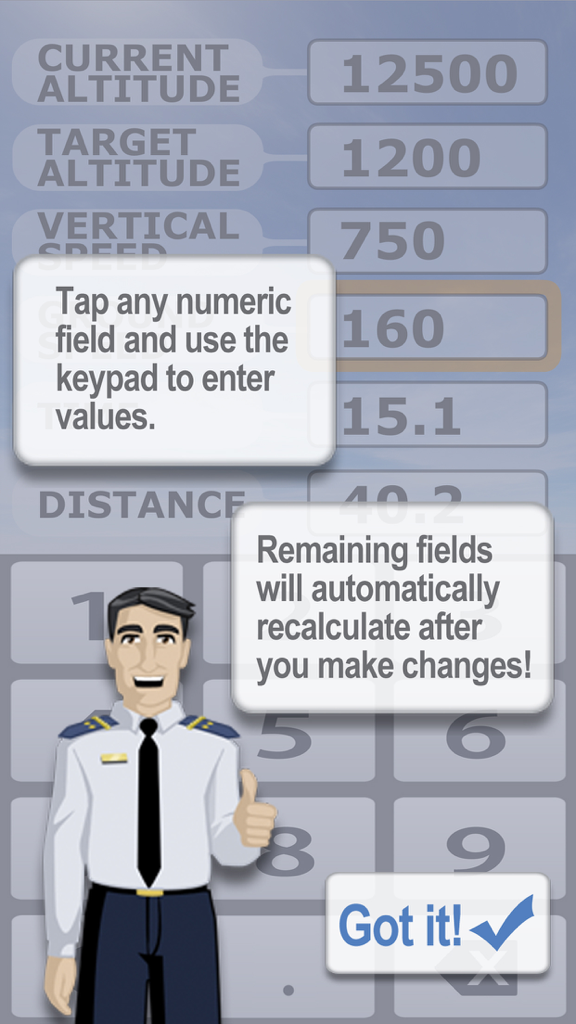 A cartoon pilot on an onboarding screen explains how to use the aviation descent calculator with automatic field updates.