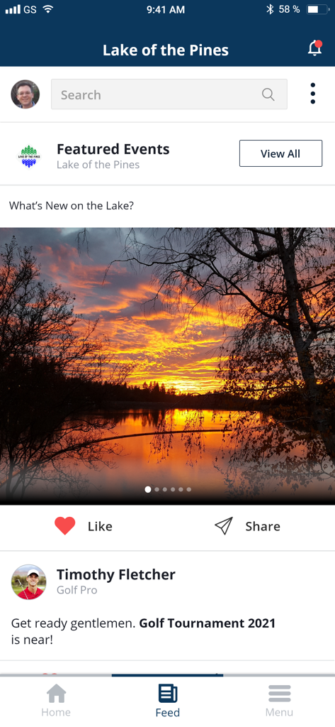 LOPA - Mobile app feed for Lake of the Pines Association displaying community news and a golf tournament announcement.