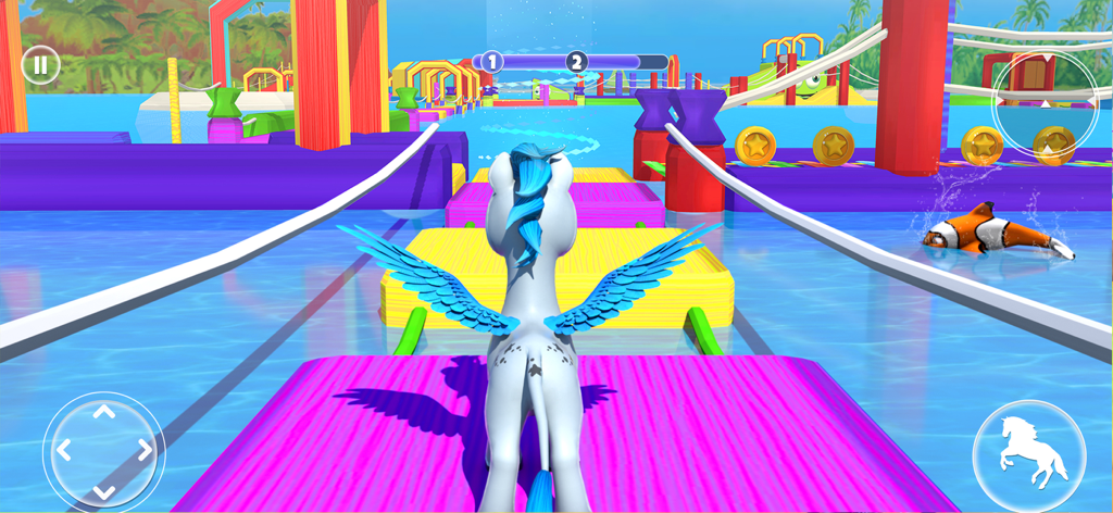 Little Unicorn Running Game 3D - A white pegasus with blue wings running on a colorful 3D obstacle course over water in a magical world.