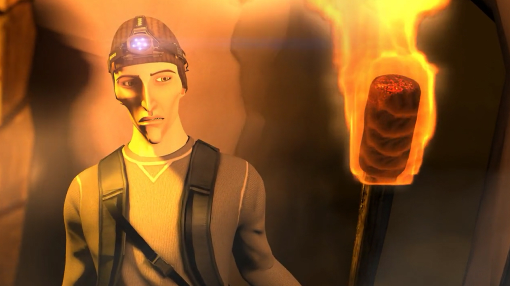 Yesterday Origins - John Yesterday llevando una linterna frontal en una cueva oscura con una antorcha en primer plano.