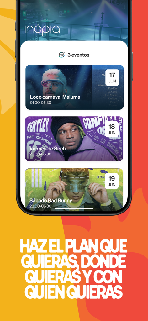 Mobile app interface of NYXELL showing upcoming club events and concert tickets for artists like Maluma and Bad Bunny.