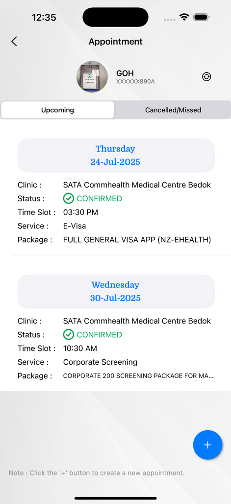 SATA Public - SATA Public app screen displaying upcoming medical appointments with clinic details and status