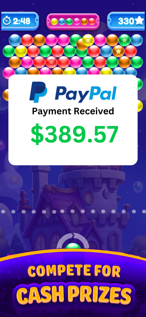 Real Cash Bubble Buzz Shooter - Bubble shooter gameplay with a PayPal payment notification for winning cash prizes