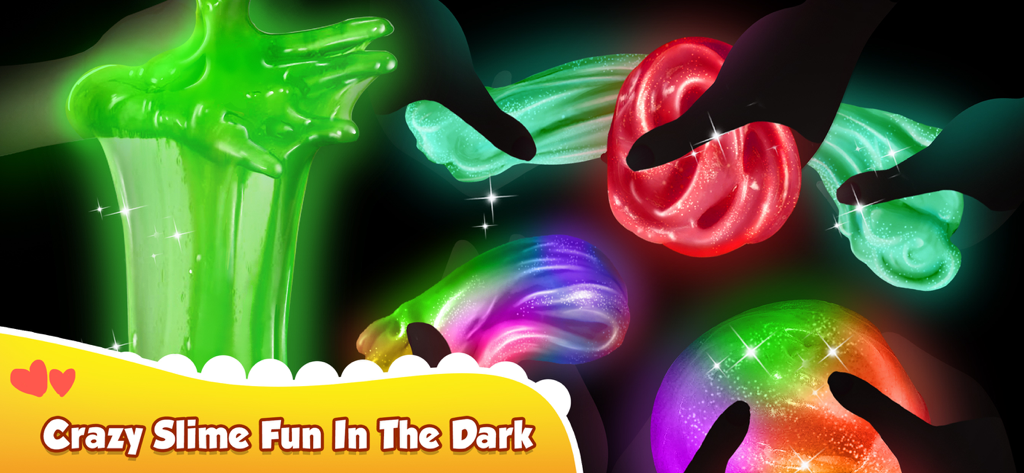 Glitter Slime Maker - Colorful glowing glitter slimes being stretched and played with in the dark