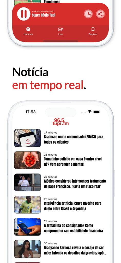 Interface do aplicativo Super Radio Tupi mostrando um feed de notícias em tempo real com vários artigos e manchetes.
