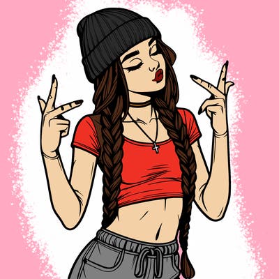 realistic teenage girl with braids and a beanie and crop top doing 🫶🏼