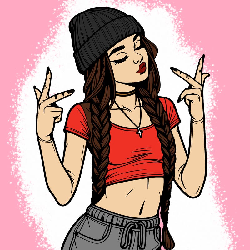 realistic teenage girl with braids and a beanie and crop top doing 🫶🏼