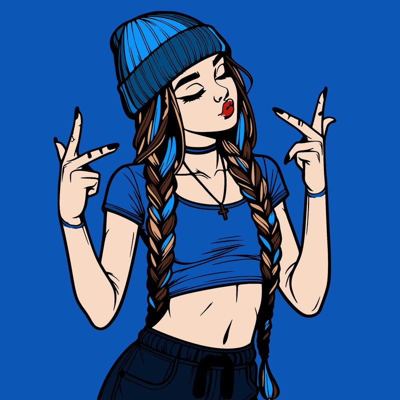 realistic teenage girl with braids and a beanie and crop top doing 🫶🏼