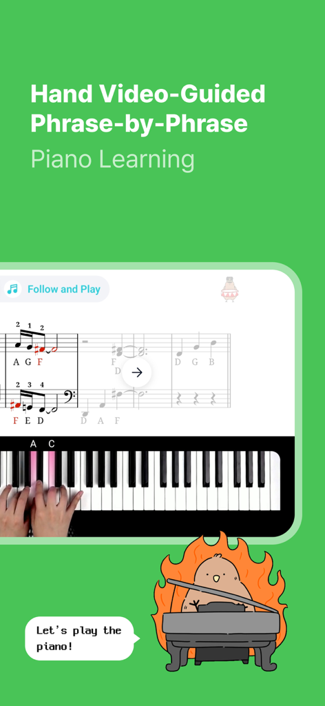 PianoKiwis - PianoKiwis app interface displaying hand video-guided phrase-by-phrase piano learning with sheet music and keyboard visualization