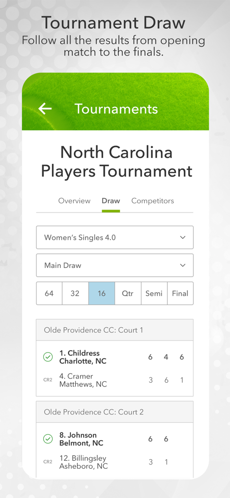 Tenniscores - Tenniscores mobile app displaying a tennis tournament draw with match scores and player rankings.
