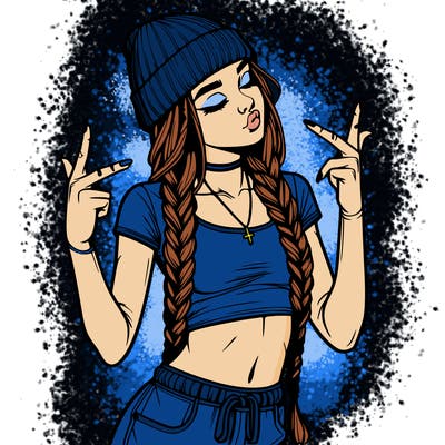realistic teenage girl with braids and a beanie and crop top doing 🫶🏼