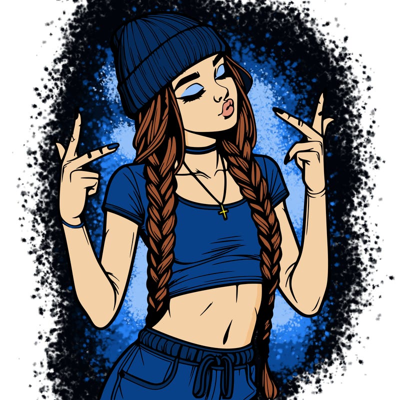 realistic teenage girl with braids and a beanie and crop top doing 🫶🏼