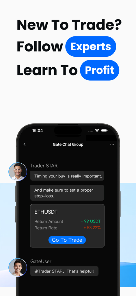 Gate: Trade BTC & ETH - Gate.io 앱 채팅 그룹 인터페이스에 전문가 트레이딩 조언 및 암호화폐 수익 통계가 표시되어 있습니다.