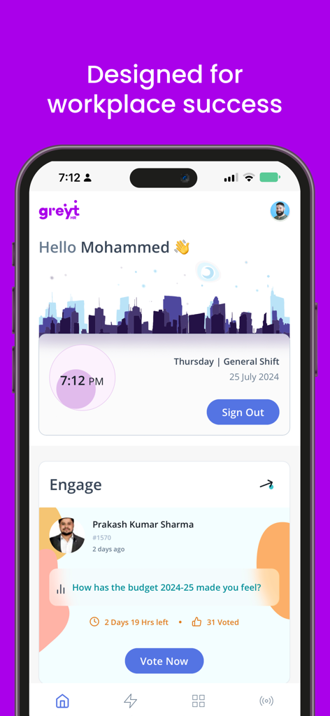 greytHR - the one-stop HR App - Dashboard dell'app mobile greytHR che mostra l'uscita per le presenze del dipendente e un sondaggio sull'engagement sul posto di lavoro