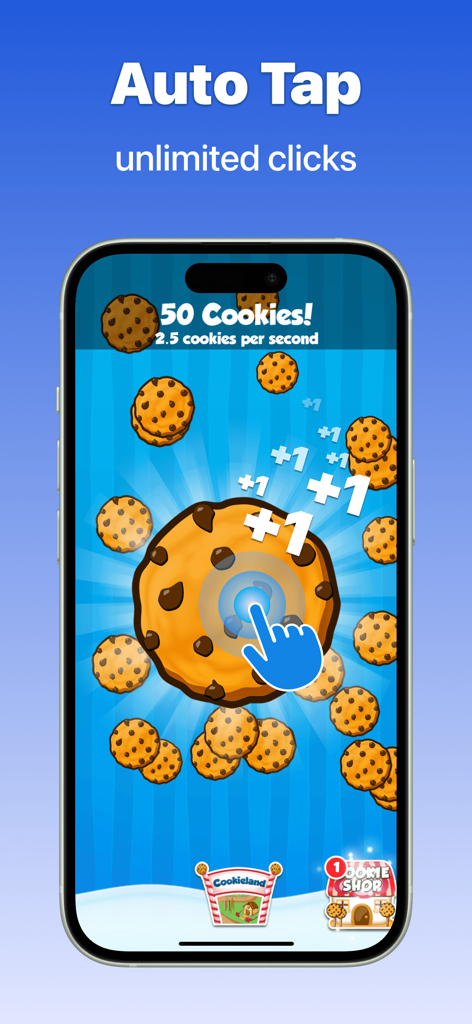 Schermata iPhone che mostra OP Auto Clicker che esegue tocchi automatici su un gioco mobile di tipo cookie clicker.