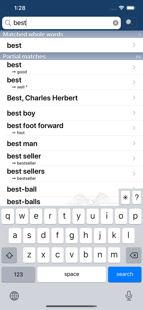 American Heritage® Dictionary - The search interface of the American Heritage Dictionary app showing a list of results for the word best