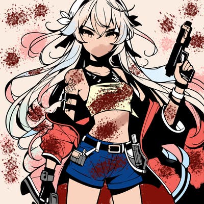 bad girl wearing crop top holding a gun long hair anime