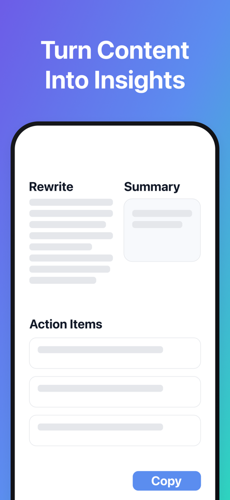 DoMore - Next-Gen AI Notebook - Pantalla móvil de la aplicación DoMore que muestra la reescritura, resumen y elementos de acción de IA
