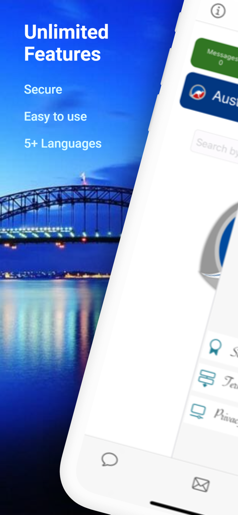 Palsau - Palsau app screenshot showing features like security and language support with Sydney Harbour Bridge in the background