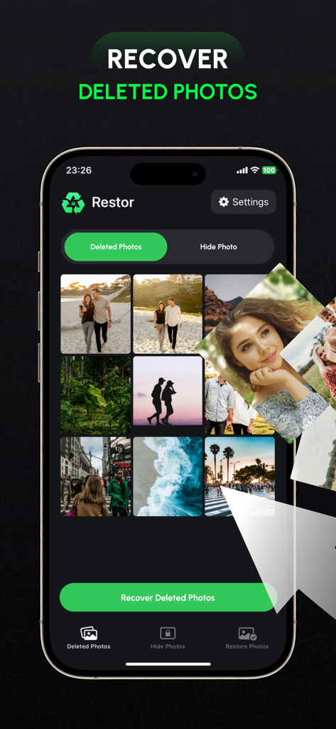 Restor: Recover Deleted Photos - Interface of the Restor app showing a photo recovery grid on an iPhone