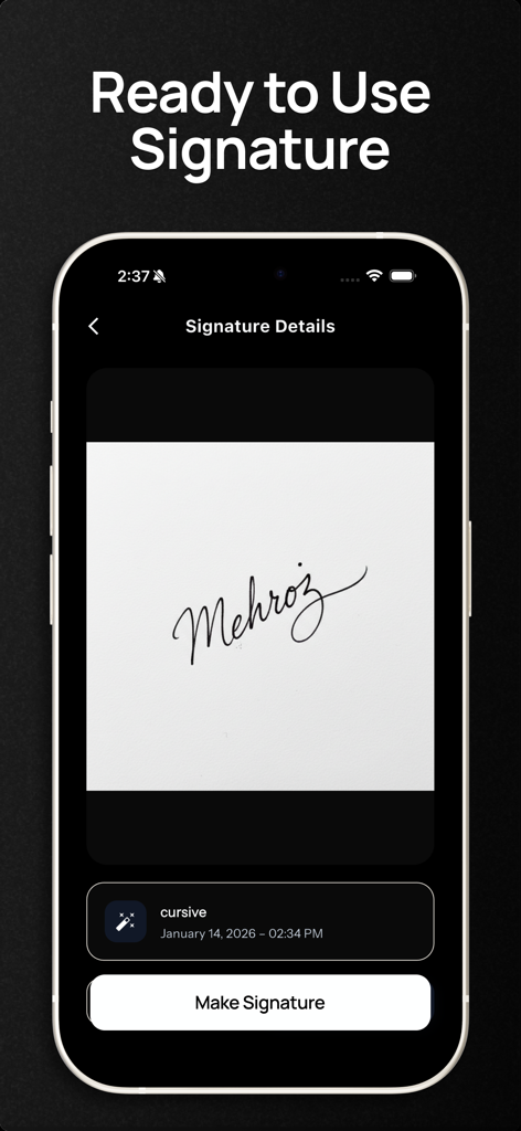 Signature Maker - SignIt AI - A professional cursive digital signature preview within the SignIt AI app interface