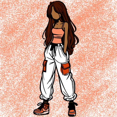 girl in baggy pants crop top and long hair