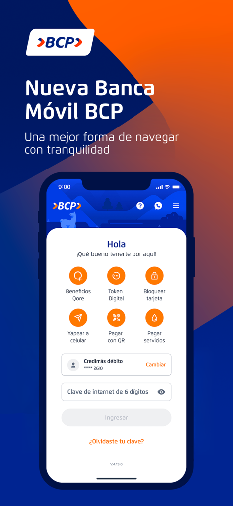 Login screen of the Banca Móvil BCP app featuring quick access to transfers, card blocking, and bill payments