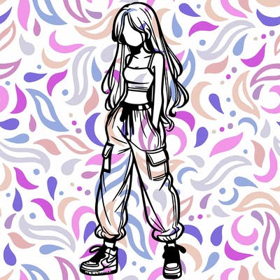 girl in baggy pants crop top and long hair