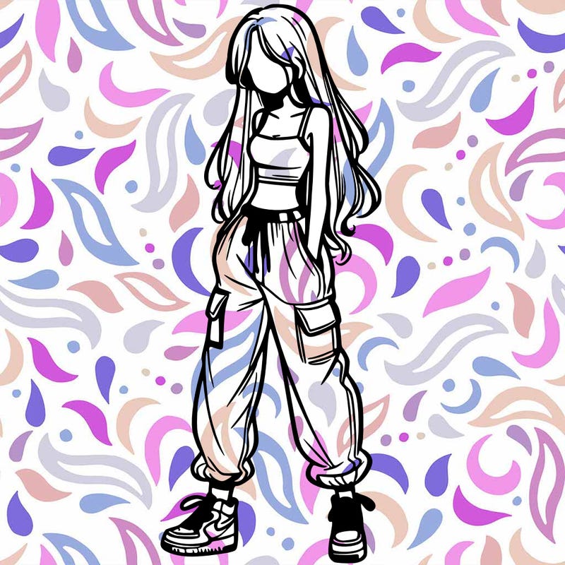 girl in baggy pants crop top and long hair