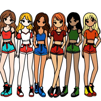 a group of girls wearing crop tops and shorts