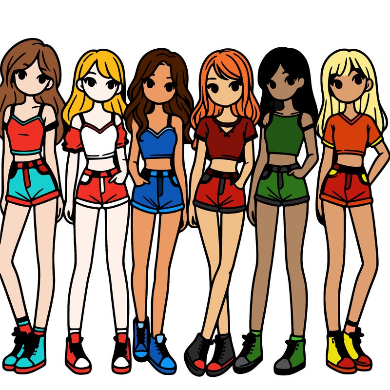 a group of girls wearing crop tops and shorts