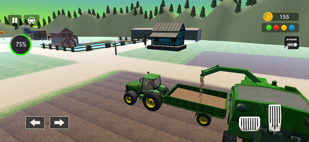 Farm Simulator Tractor Games - Un camión de tractor siendo llenado con cultivos cosechados en un juego de simulación de granja.